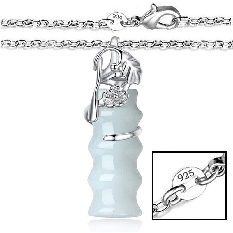 925 Sterling Silver Chain Necklace With Flower Design Jade Pendant Column D885