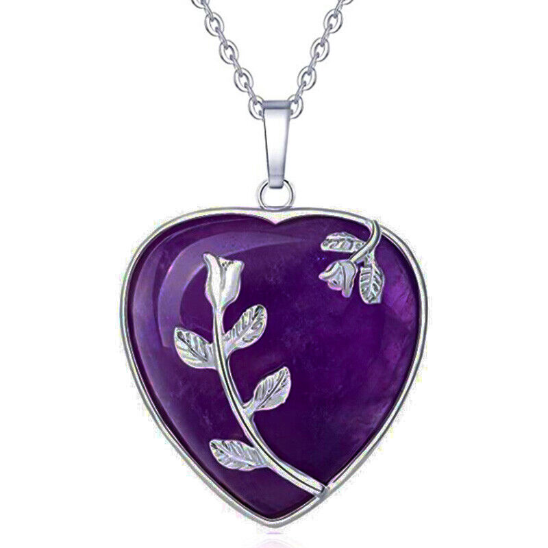 925 Sterling Silver Womens Snake Necklace And Amethyst Heart Pendant D838B
