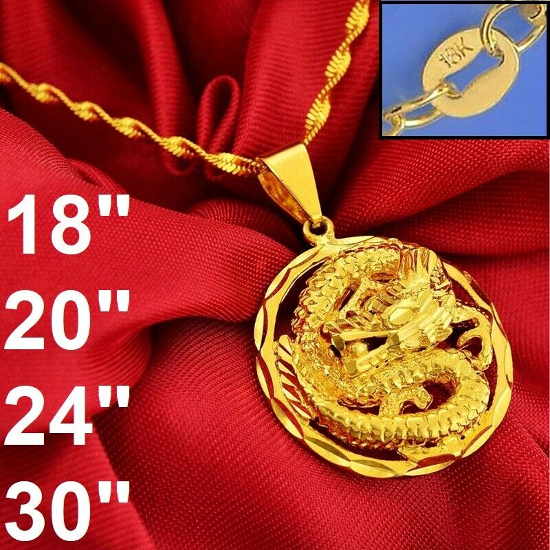 24k Yellow Gold Authentic Dragon Pendant Link 18 20" 24" 30" Chain Necklace D772