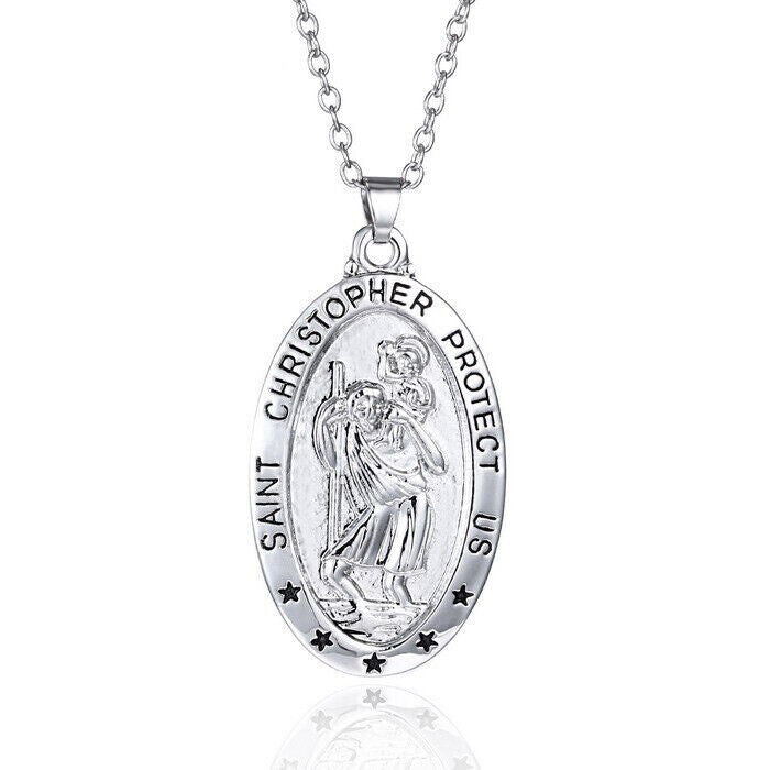 Sterling Silver Womens 24" Link Chain Necklace With Oval Saint Christopher