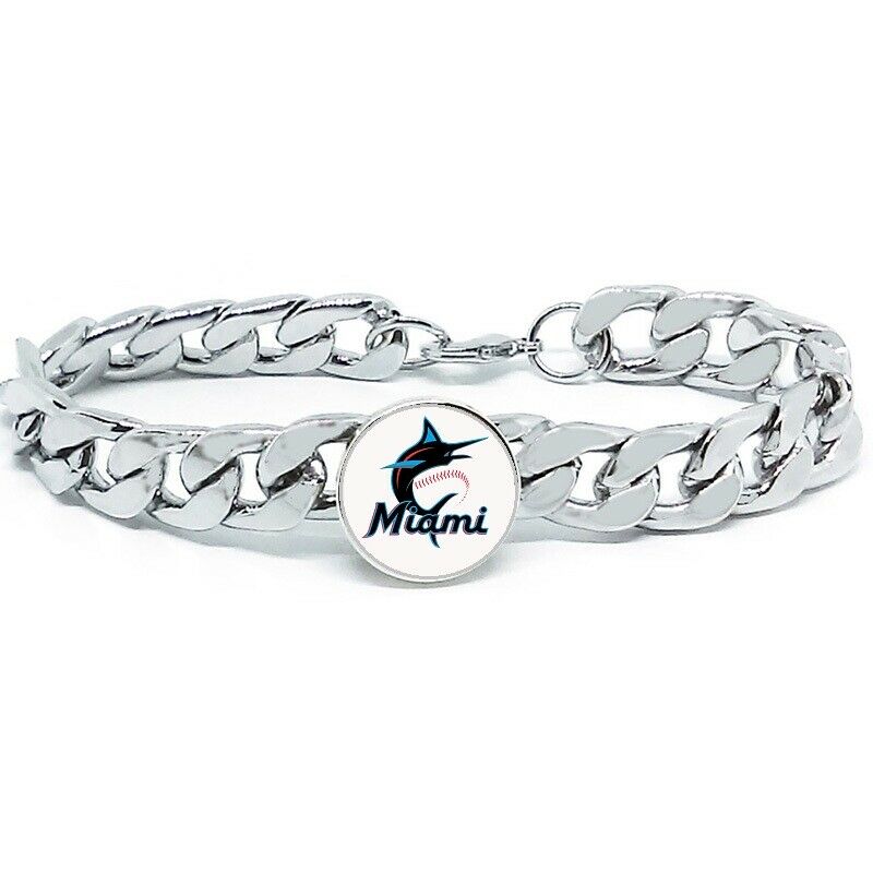 Miami Marlins Stainless Steel Mens Curb Link Chain Bracelet W Gift Pkg D4