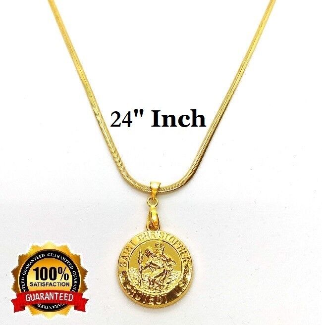18k Gold Womens Mens 18" 20" 24" 30" Snake Chain Necklace w St Saint Christopher