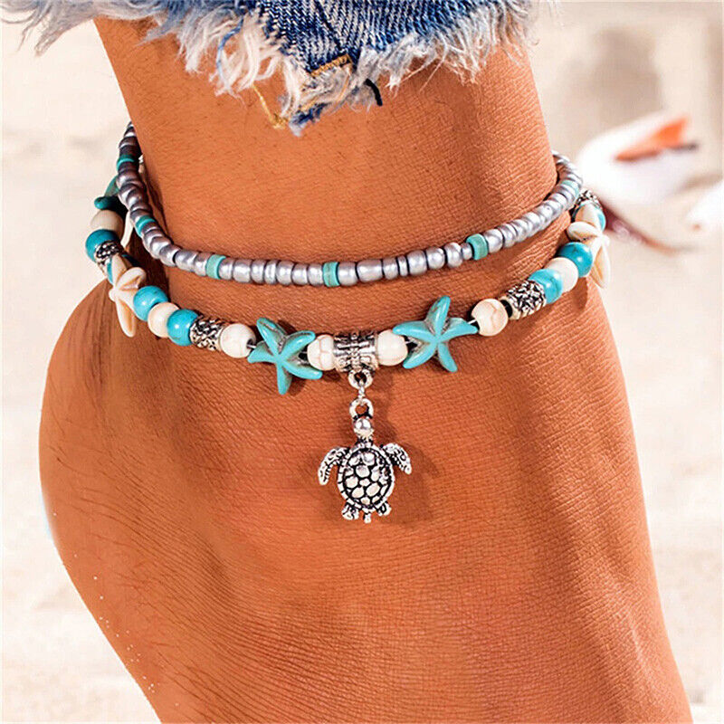 Womens Sterling Silver Beach Starfish Turtle 8" - 10" Anklet Ankle Bracelet D216