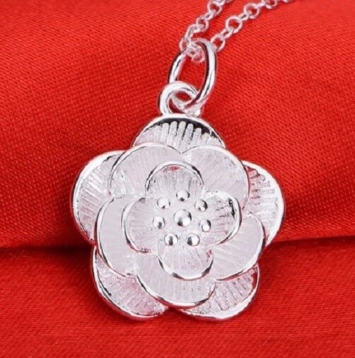 925 Sterling Silver Womens Chain Link Necklace And Rose Flower Pendant D279