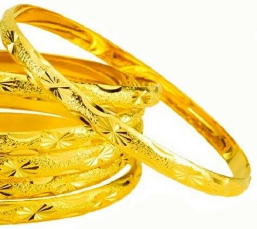 2 Pc Set 18k Yellow Gold Womens Slip On Italian Cut Bangle Bracelet D416-8