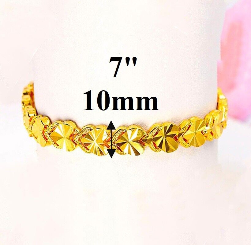 24k Yellow Gold Womens 10mm Linked Heart Chain Small 7" Bracelet w GiftPkg D717