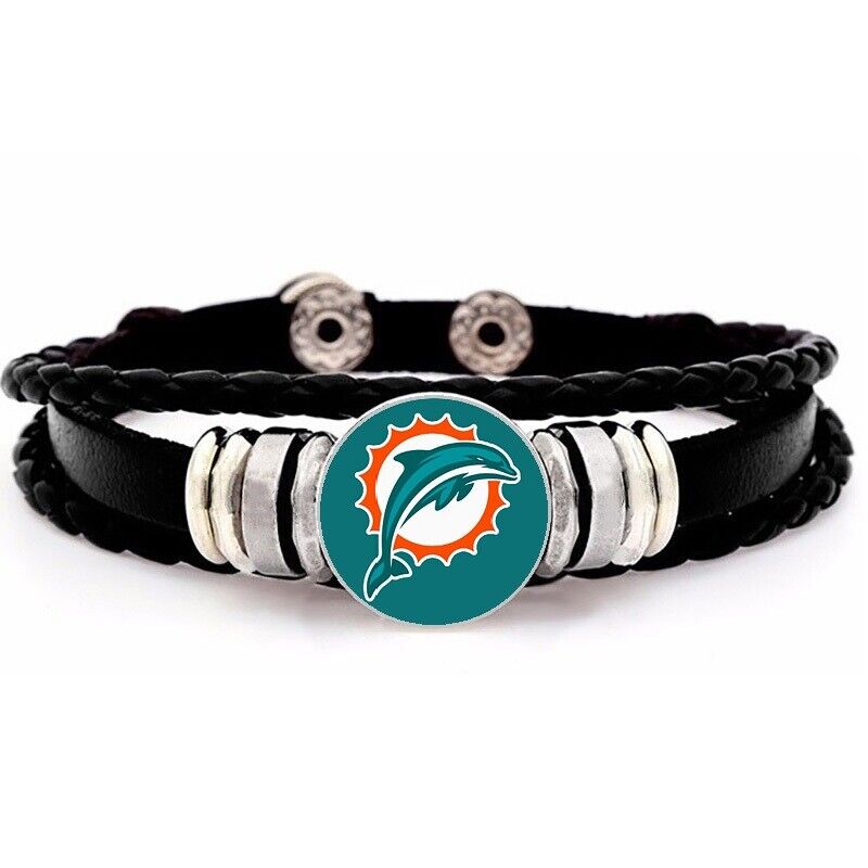 Miami Dolphins Mens Womens Black Leather Bracelet Football W Gift Pkg D14