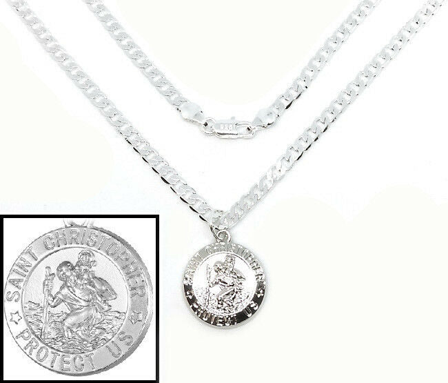 925 Sterling Silver 20" Chain Link Women's Necklace And Saint Christopher