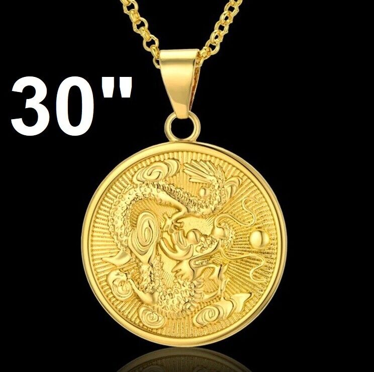 18k Yellow Gold Authentic Dragon Pendant, Link 20" 24" 30" Chain Necklace D674A