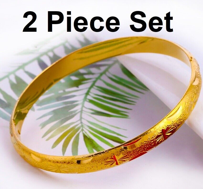 2 Piece Set 18k Yellow Gold Bracelet Bangle Womens Elegant Starburst Design D660