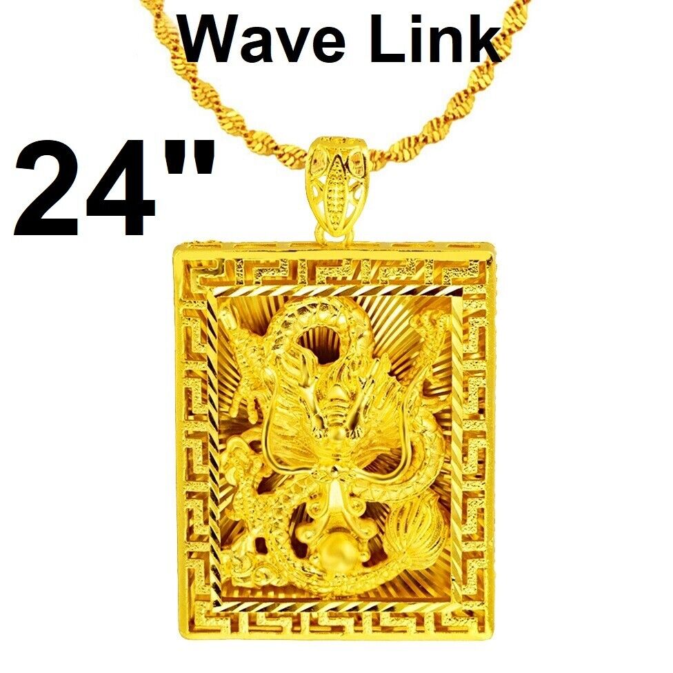 24k Yellow Gold Dragon Pendant 18" 20" 24" 30" Wave Chain Link Necklace D783W