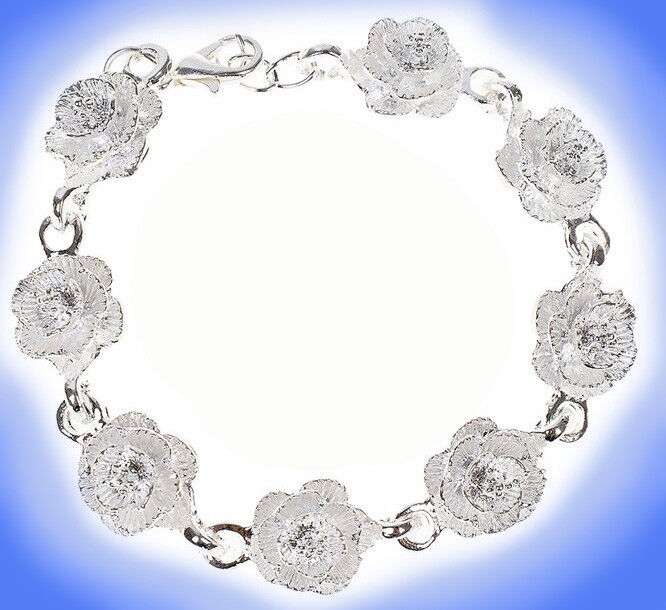 Mothers 925 Sterling Silver Womens Flower Links Chain Large 8" Bracelet D455D