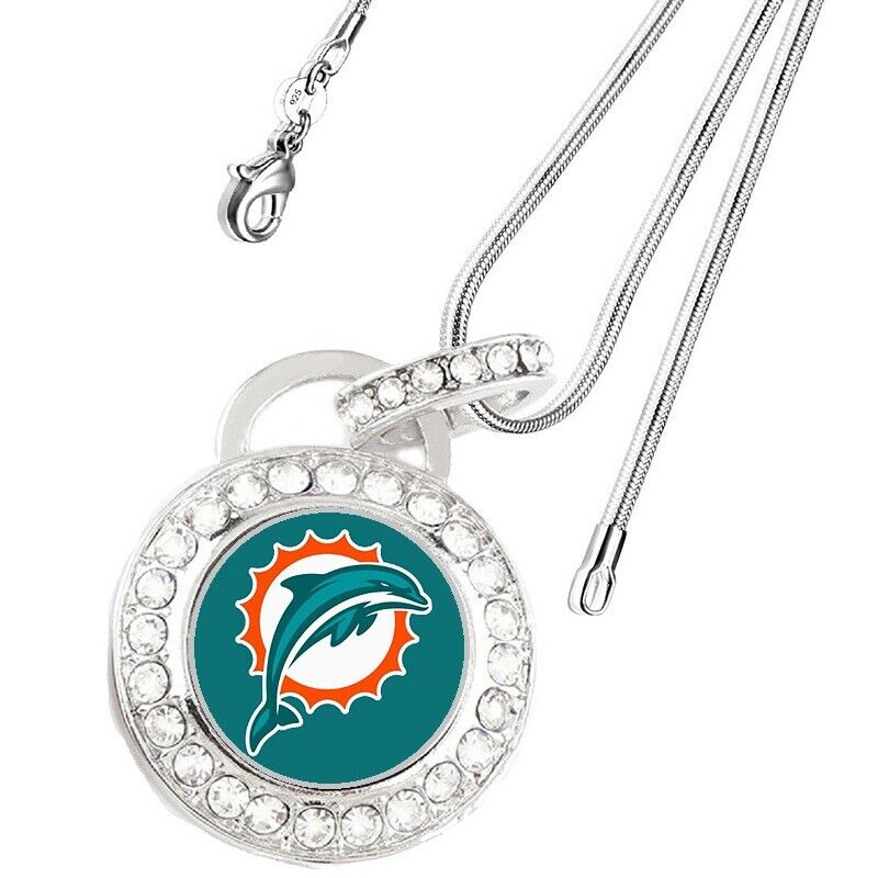 Miami Dolphins Sterling Silver Womens Link Chain Necklace Crystal Pendant D17