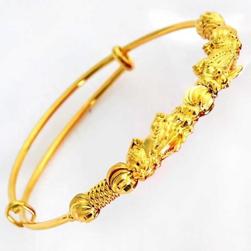 18k Gold Pixiu Chimera Lion Adjustable 7" to 9"  Bracelet Bangle D791