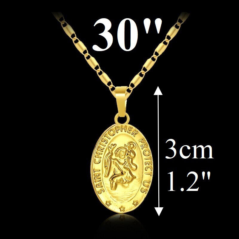 18k Yellow Gold 18" 20" 24" 30" Bar Link Chain Oval Saint Christopher Necklace