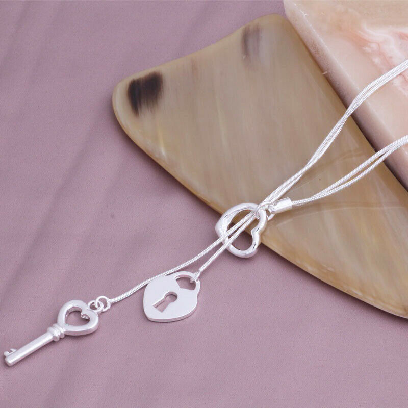 925 Sterling Silver Womens Adjust 16" to 18" Choker Drop Heart Key Necklace D701