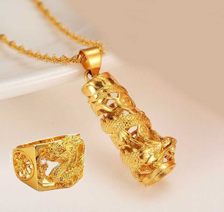 2 Pc 24K Yellow Gold Womens Mens Dragon Link Pendant Necklace With Ring D545