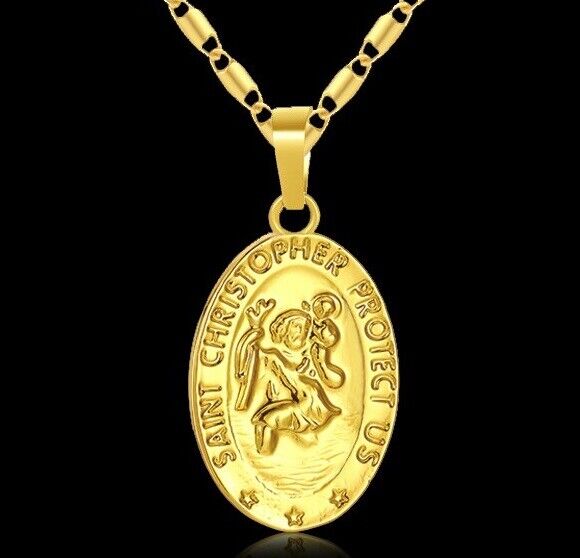 18k Yellow Gold 20" Saint St. Christopher Mens Womens Link Chain Necklace D753