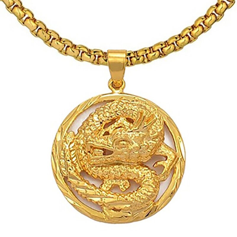 24k Gold Men's Bold Dragon Pendant With 20" Link Chain Necklace w Gift Pkg D772
