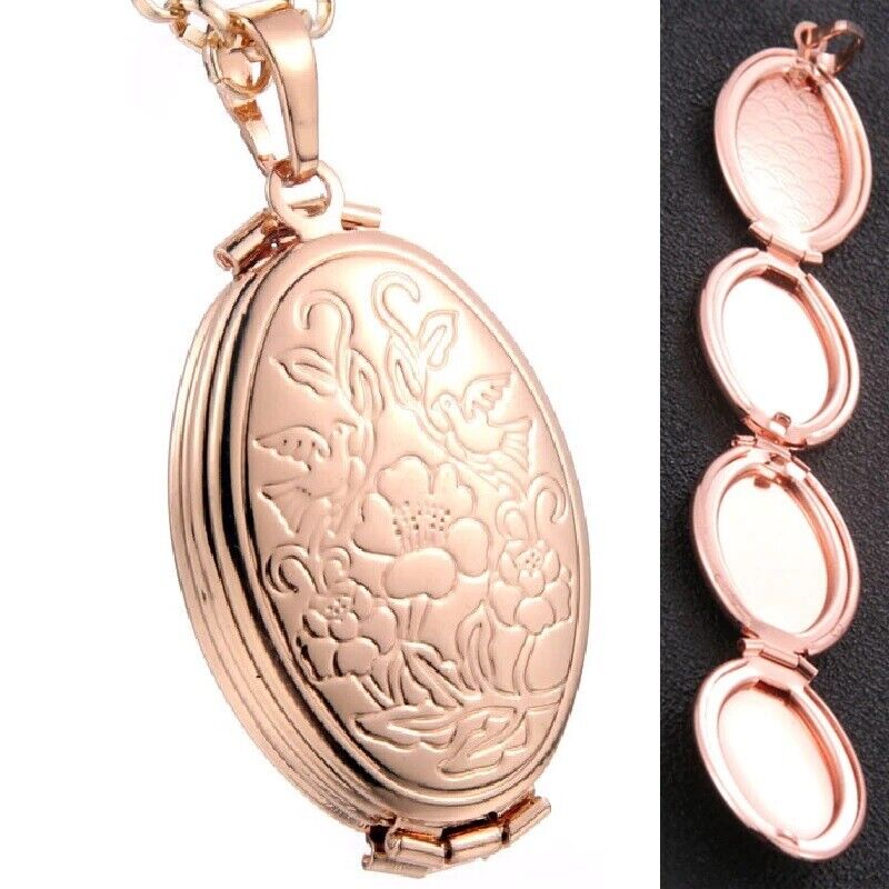 18k Rose Gold Womens Link Chain 18" Necklace With Multi Photo Locket D936