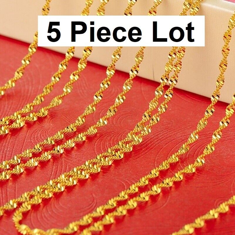 5 PcSet 18k Gold Womens 3mm Wide 17.5" Wave Curb Link Chain Necklace D940