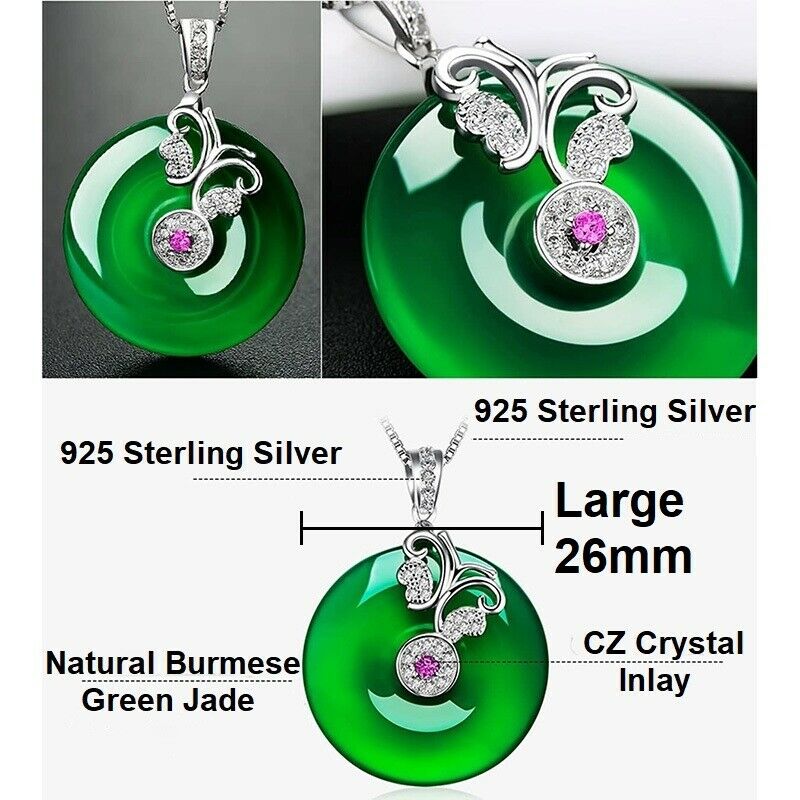 Womens 925 Silver Burmese Green Jade Donut Butterfly Pendant 24" Necklace D980