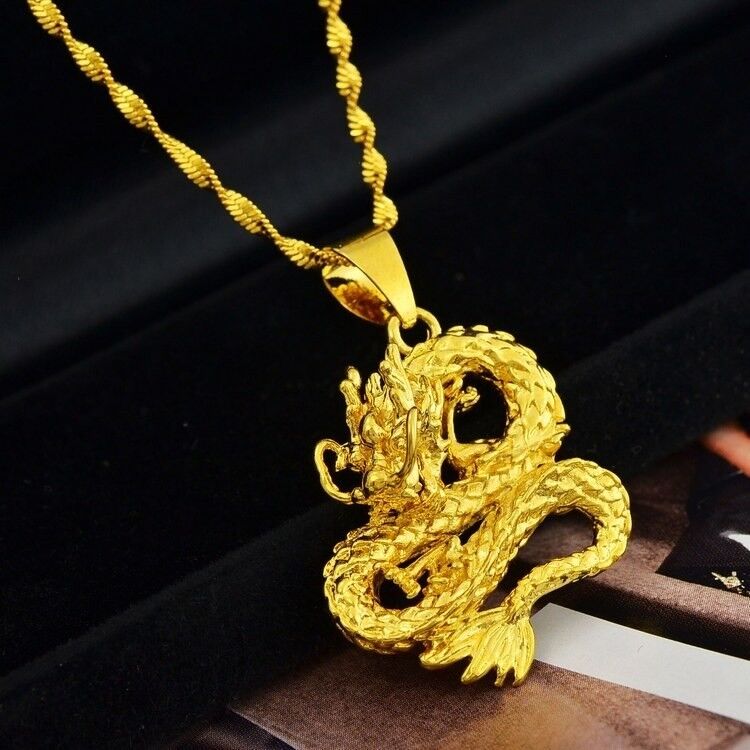 24k Gold Bold Dragon Pendant - Link Chain 24" Necklace w GiftPkg