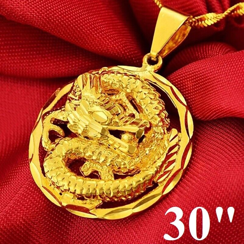 24k Yellow Gold Authentic Dragon Pendant Link 18 20" 24" 30" Chain Necklace D772