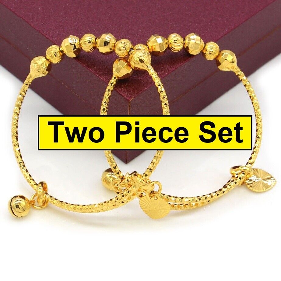 2 PcSet 18K Yellow Gold Bracelets Bangles Small Babys Kids Childrens D288