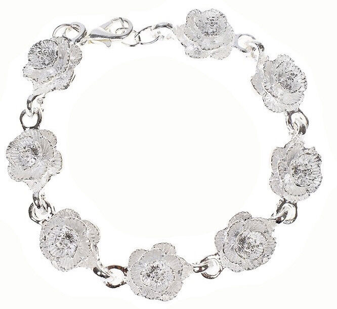 Mothers 925 Sterling Silver Womens Flower Links Chain Large 8" Bracelet D455D