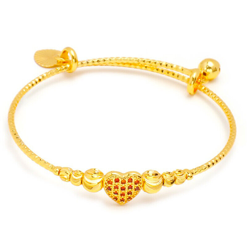 24k Gold Women Adjustable Chain 7" to 8" Red Heart Charm Bangle Bracelet D974