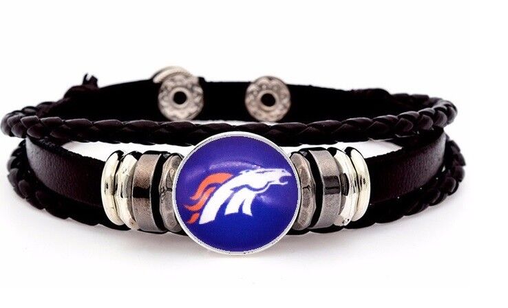Denver Broncos Mens Womens Black Leather Bracelet Football W Gift Pkg D14