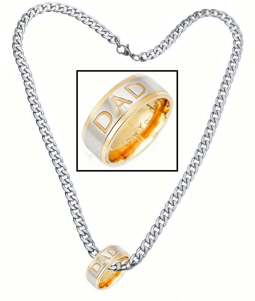 Fathers Day Gift 18k Gold Engraved Love You Dad Ring Stainless Chain Necklace