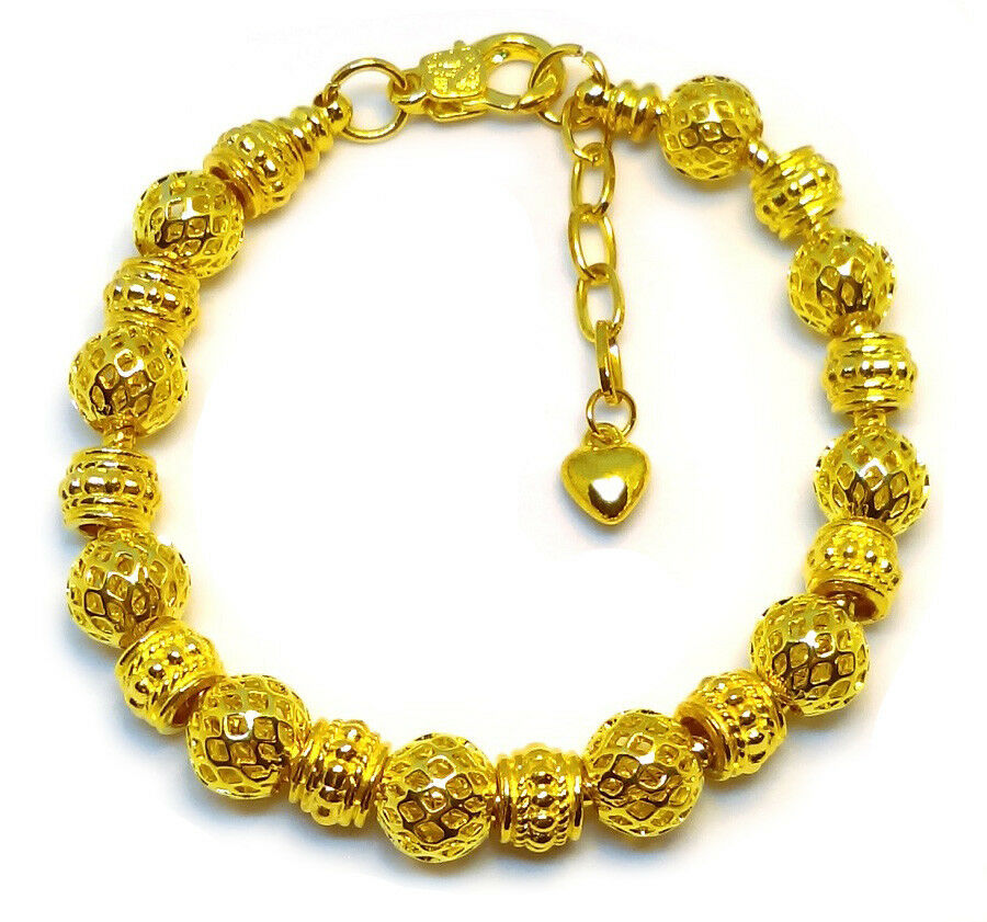 24k Yellow Gold Womens Opulent 10mm Beads Snake Link Chain Bracelet  +Gift Pkg