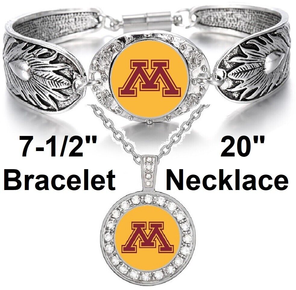 Minnesota Golden Gophers 925 Sterling Silver Necklace Bracelet Giftset D3D18