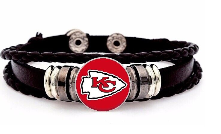 Kansas City Chiefs Mens Womens Black Leather Bracelet Football + Giftpg D14-1