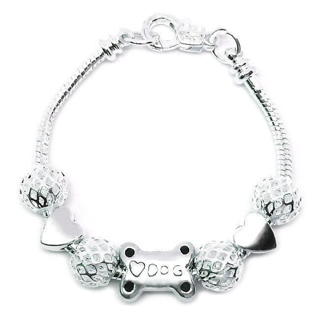 Sterling Silver Pet Lover's Dog Puppy Beaded Snake Link Chain Bracelet + GiftPkg