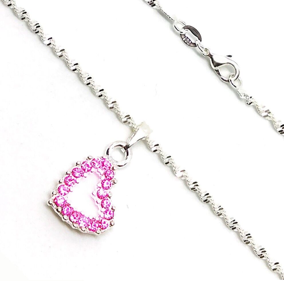 925 Sterling Silver Women's Link Chain 18" Necklace Pink Crystal Heart w GiftPkg
