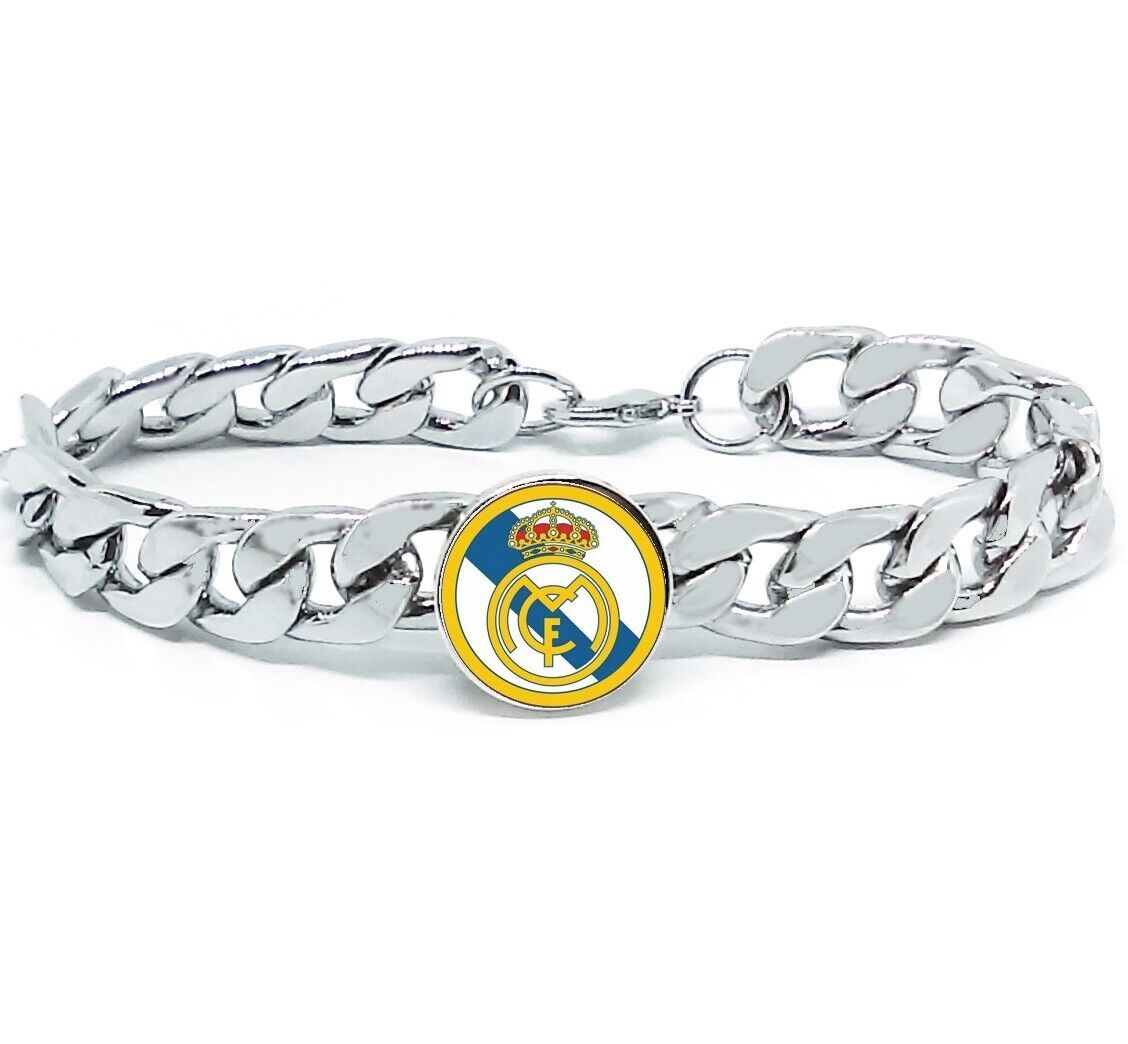 Real Madrid Soccer Futbol Silver Mens Curb Link Chain Bracelet W Gift Pkg D4