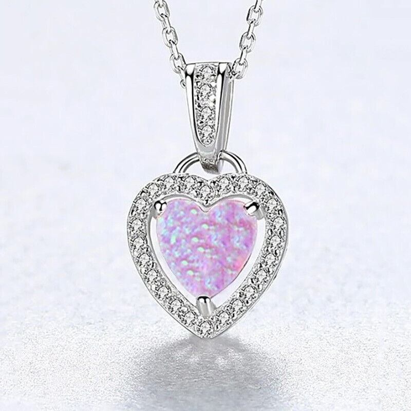 925 Sterling Silver Womens Opal Chain Link Infinity Heart Pendant Necklace D681B