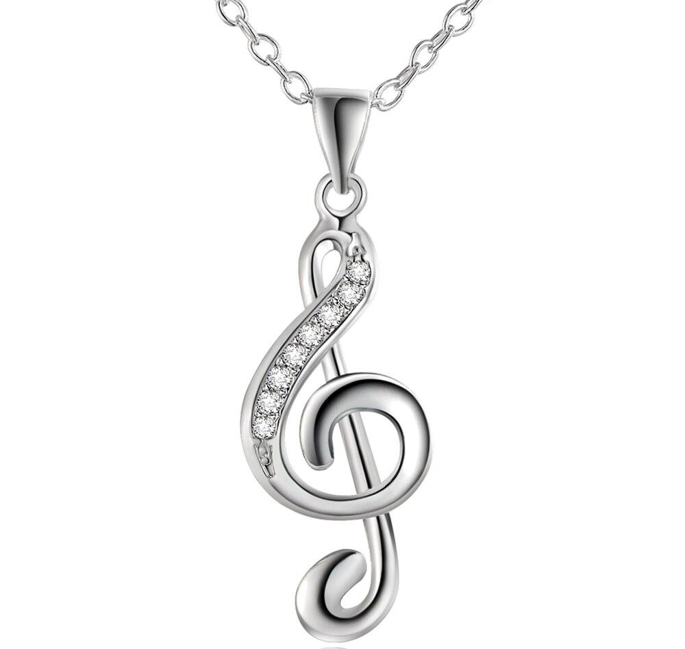 925 Sterling Silver Womens Link Chain Necklace With Musical Note Pendant D638