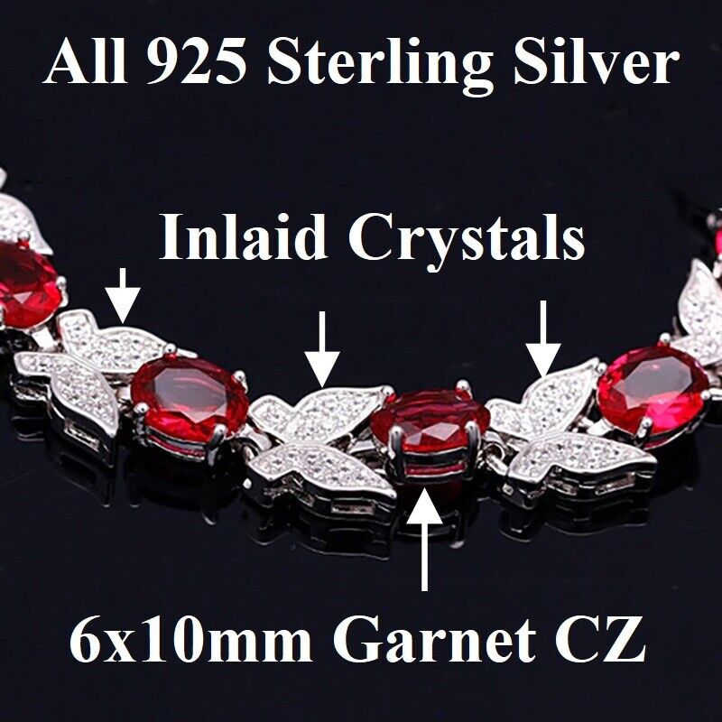 925 Sterling Silver Womens 7" Inlaid Butterfly Red Garnet Tennis Bracelet D715D