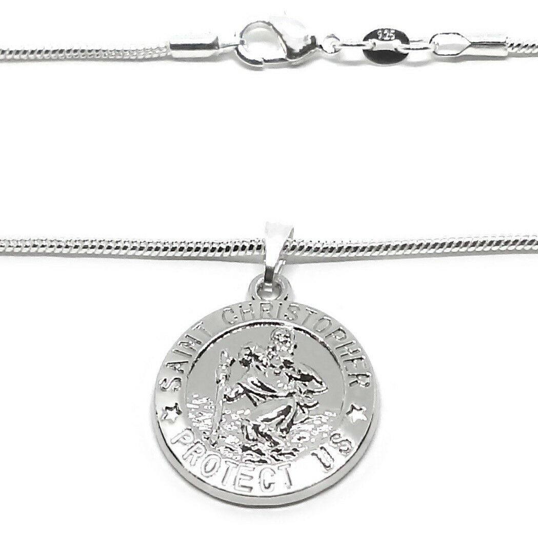 925 Sterling Silver Snake Chain Link Necklace And Saint Christopher 18" 20" 24"