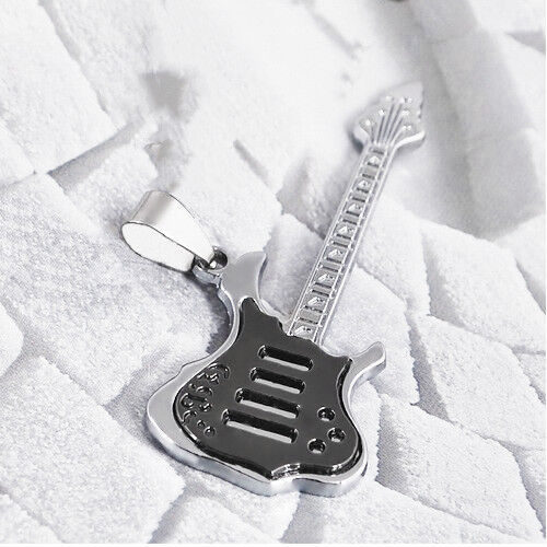 Womens Mens Guitar Music Stainless Pendant 24" Black Leather Chain Necklace D624