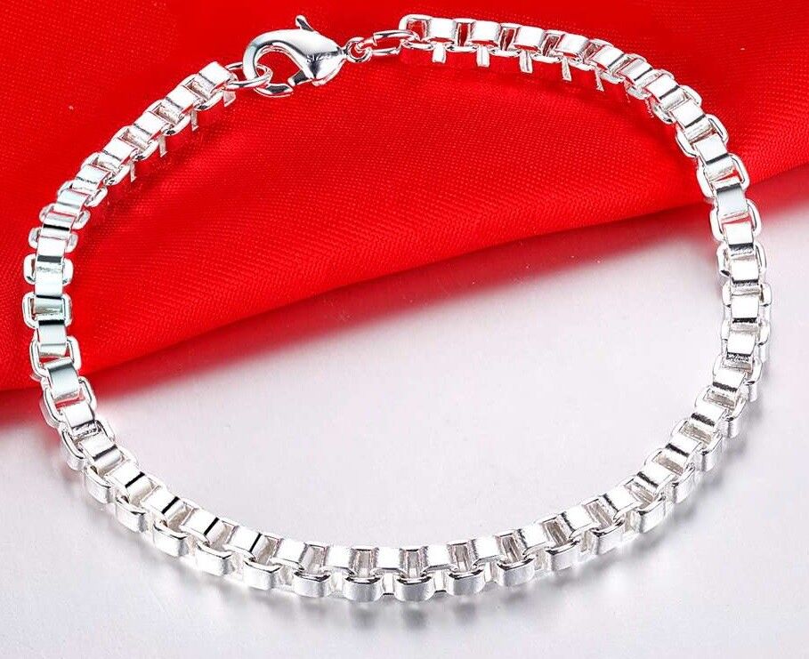 Valentines 925 Sterling Silver Elegant Box Link Small 7" Bracelet +GiftPkgg D33S