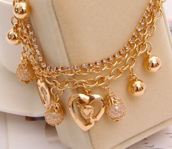 18k Gold Womens Adjustable Anklet Ankle Bracelet Heart Pearl Bell Layer D107