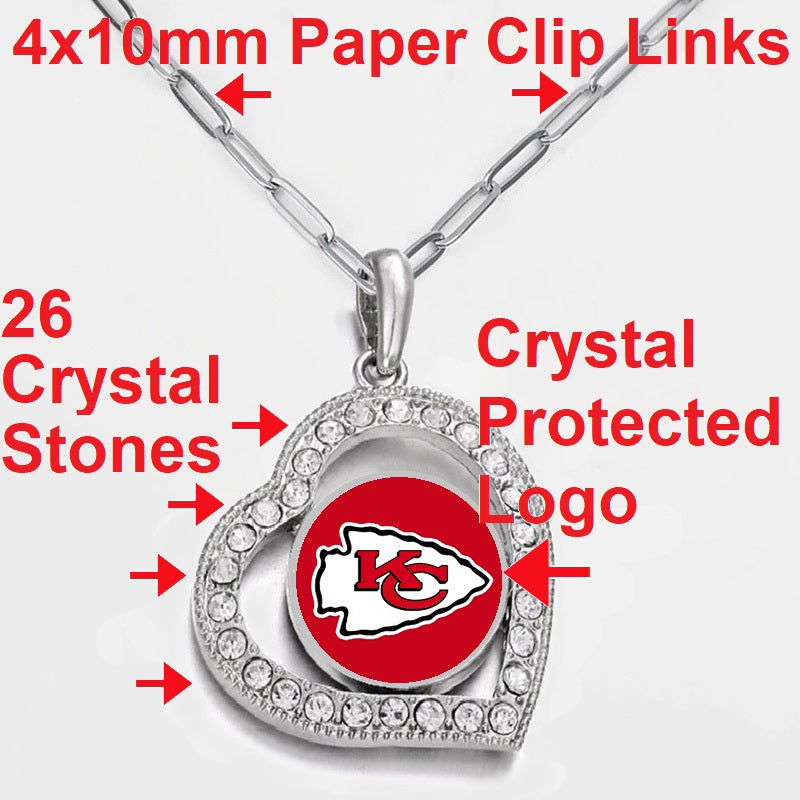 Kansas City Chiefs Womens Silver Paper Clip Chain Heart Pendant Necklace D24