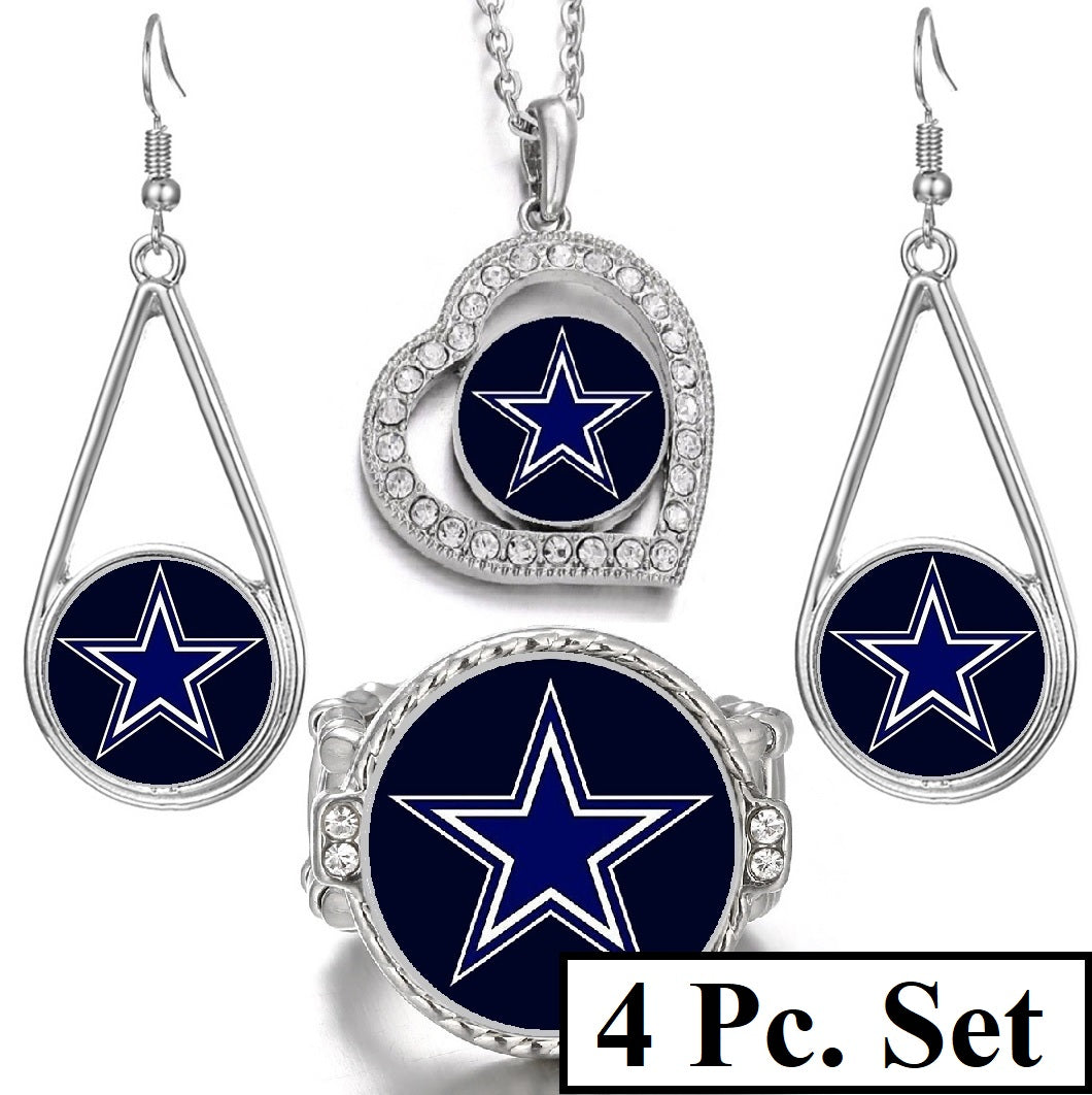 4Pcset Dallas Cowboys Super Fan Womens Necklace, Ring, And Earrings Gift Set